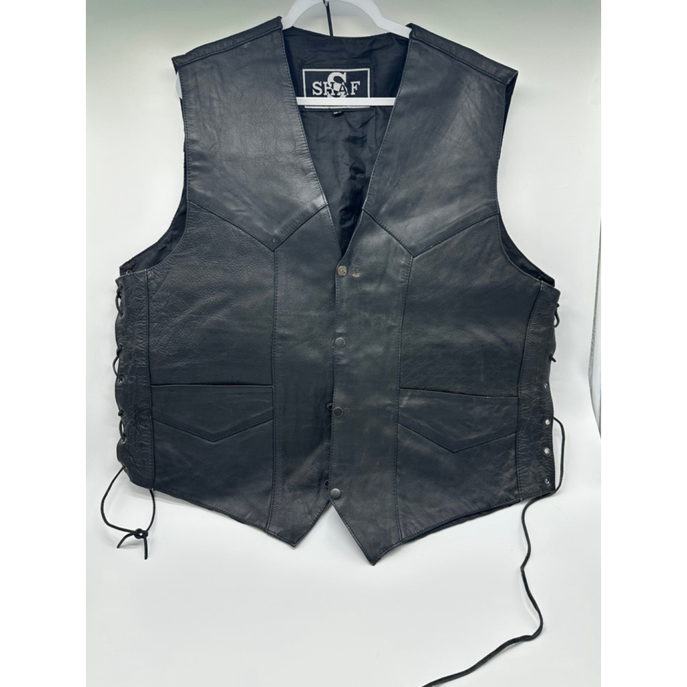 SHAF Black Leather Vest Size 54 Lace Up Sides Motorcycle Biker - Picture 2 of 6